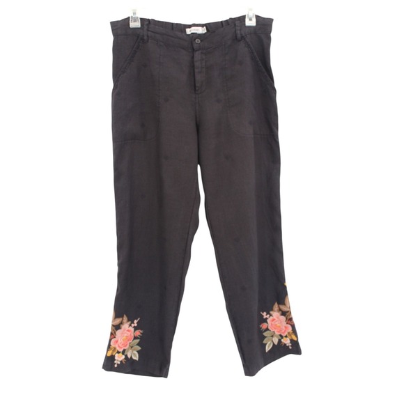 Johnny Was JW Los Angeles Linen Pants‎ Small Embroidered Cropped Black Boho - Picture 2 of 16